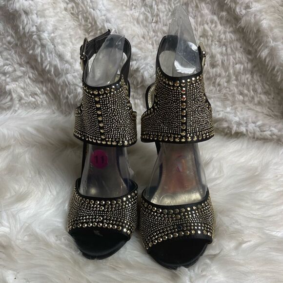 Steve Madden black satin fabric& gold tone studded ankle strap sandals SZ11 - Picture 1 of 13